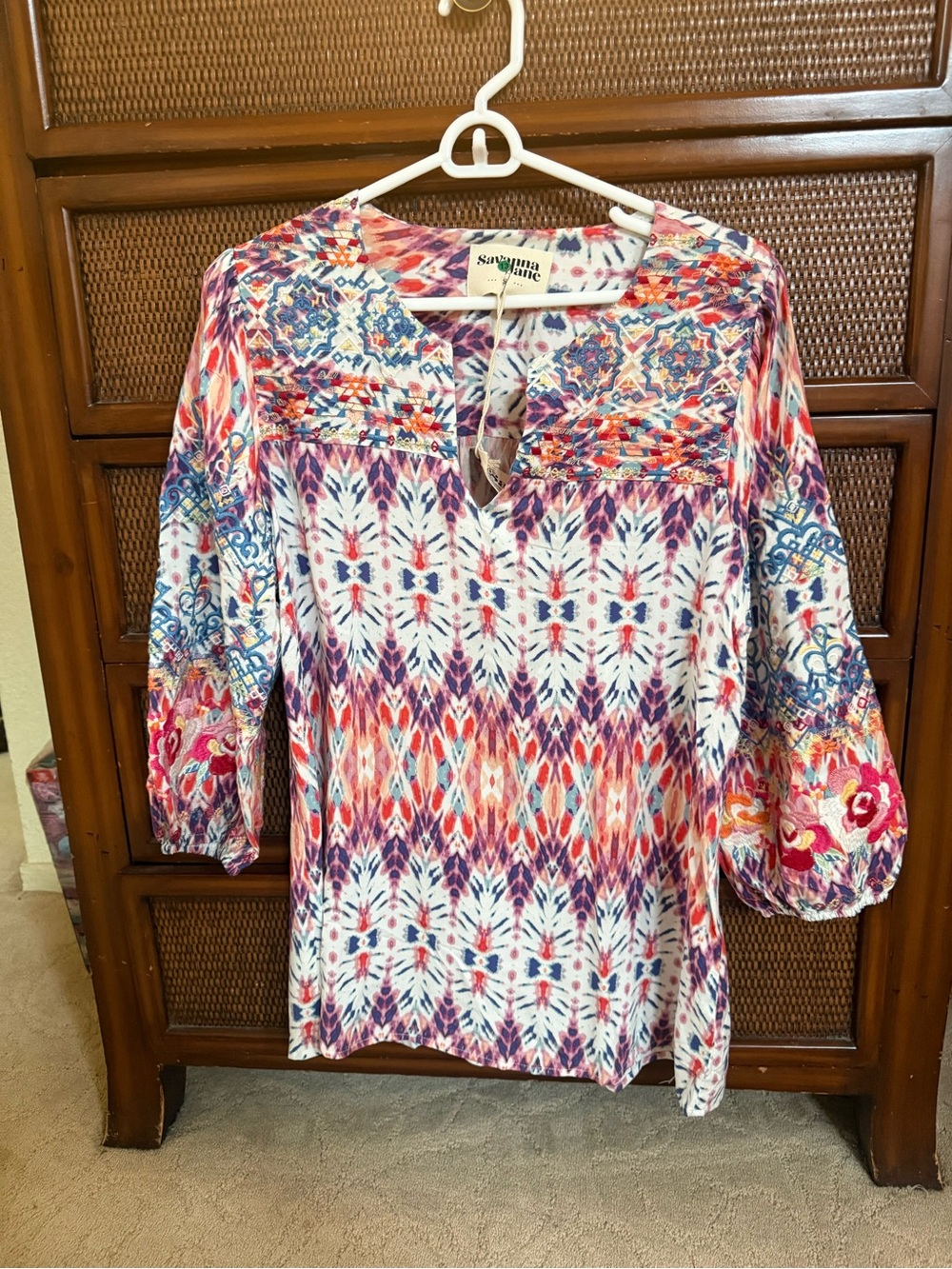 Savanna Jane Coral, Blue & Purple Ikat-Print Tunic Top size S